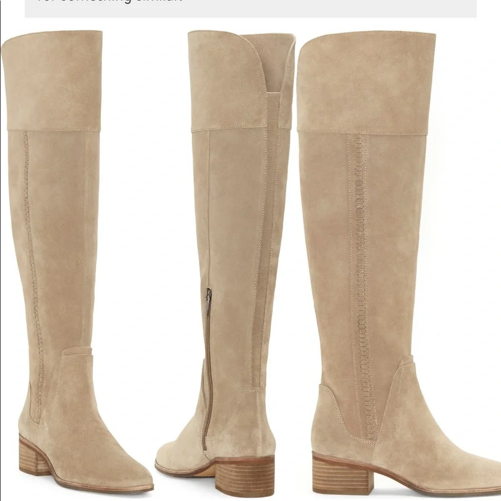 Suede Over-the-Knee Block Heel Boots - Beige